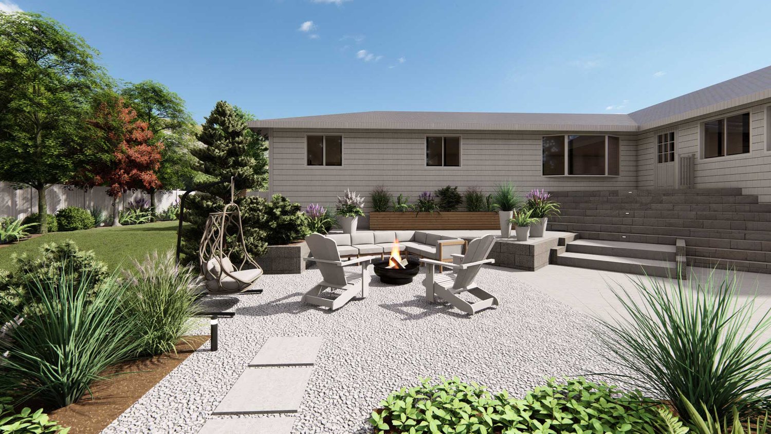 Cambridge yard with graveled floors and sitting area, fire pit and plants in different areas of the yard