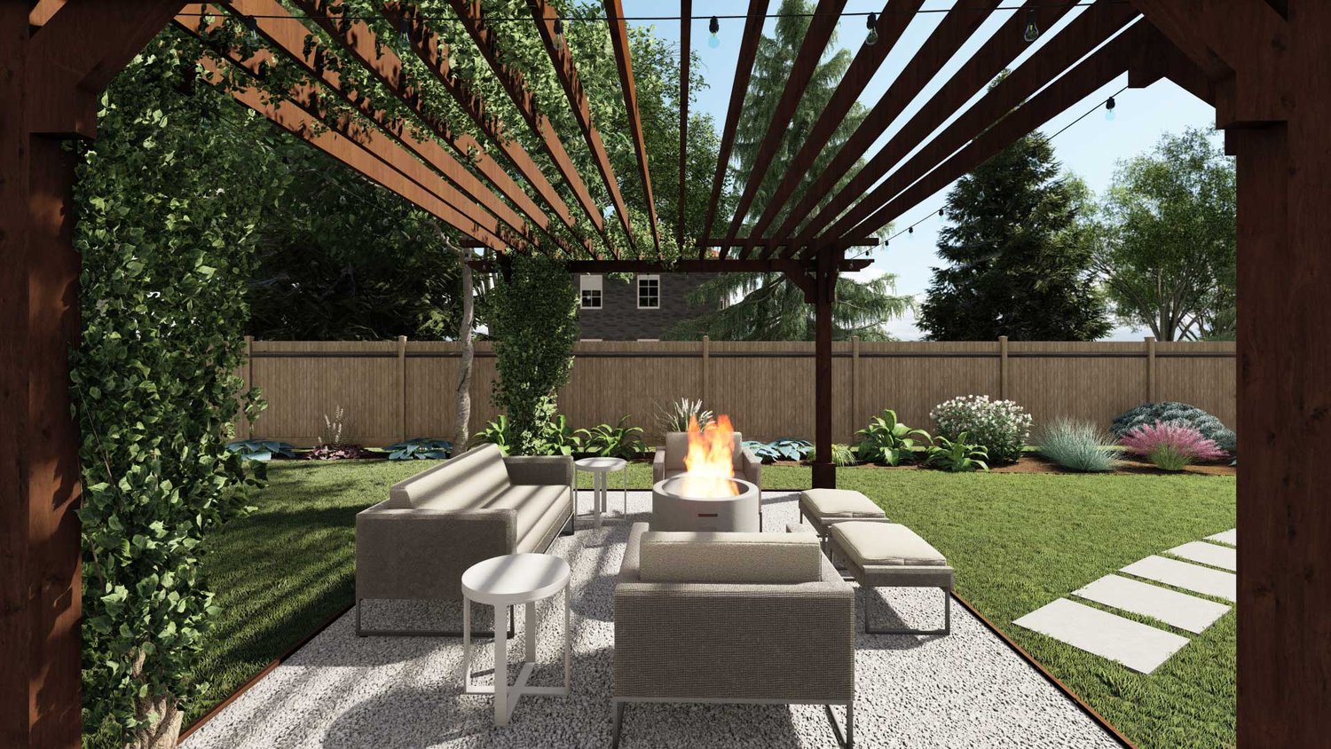 Cambridge patio with fire pit and trellis and gravel floors