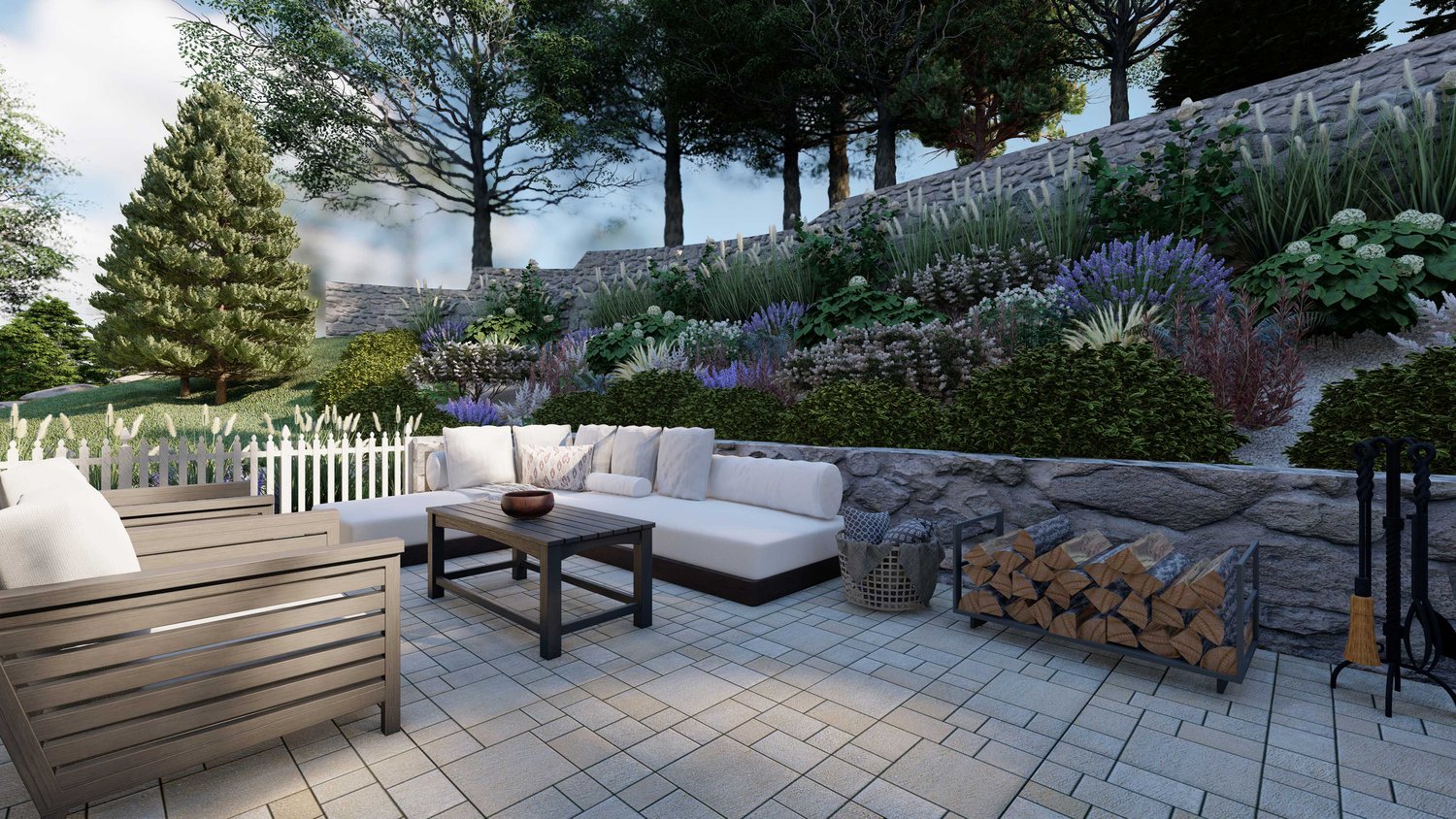 New Canaan backyard with paver and patio with plants in the surroundings enclosed in a stone fence