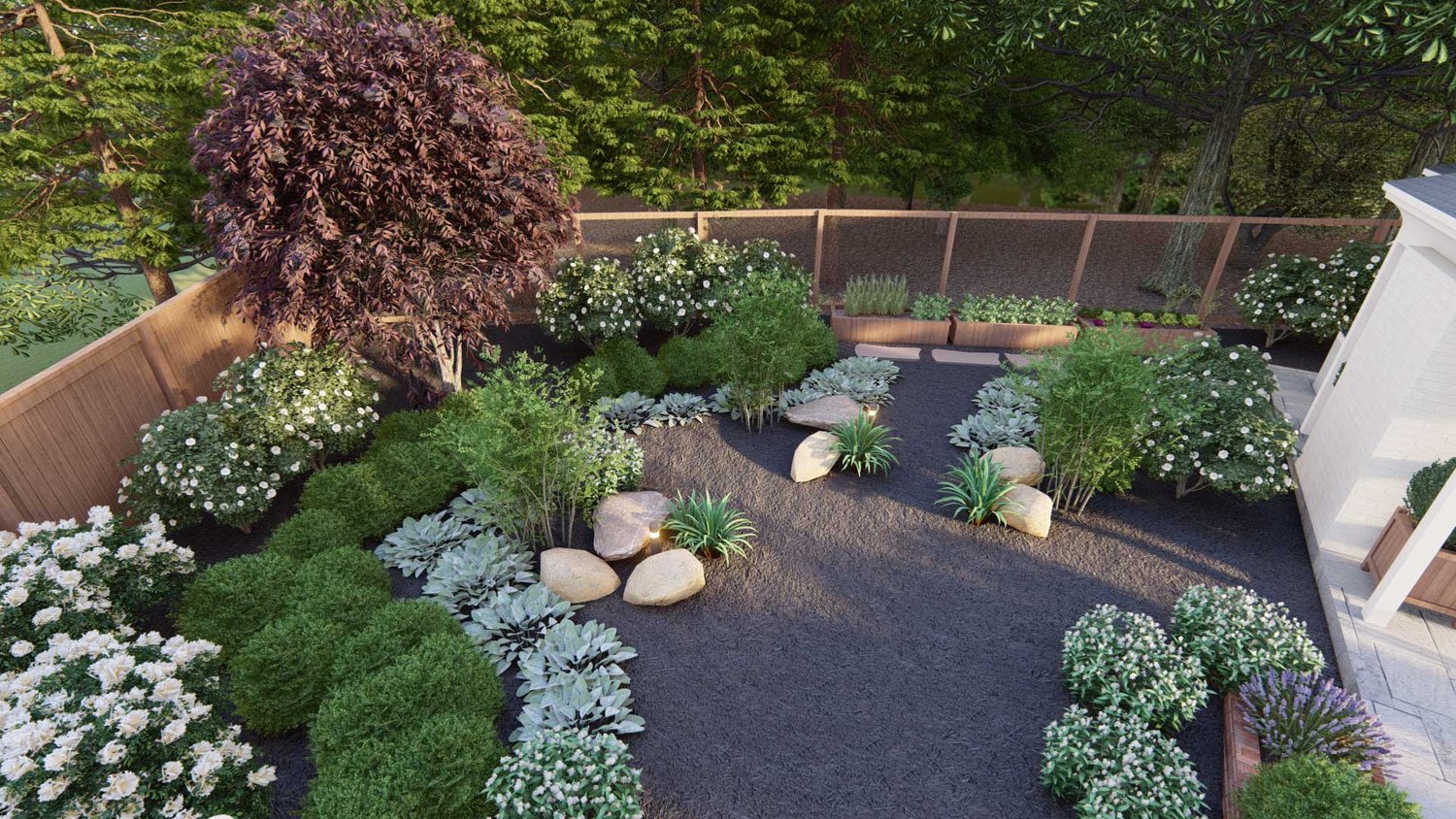 New Canaan garden with beautiful plants and some stones as decoration