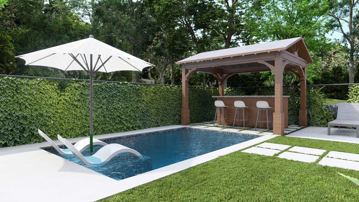 New Canaan yard with pool and pool lounge chairs with shade