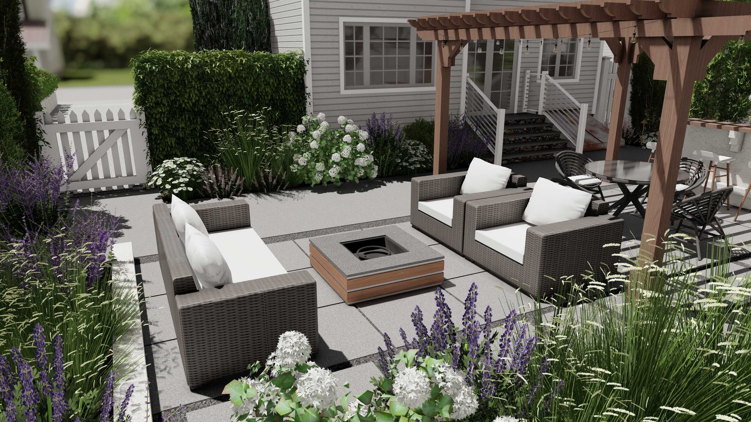 New Canaan Yard with patio, paver, fire pit and beautiful plants