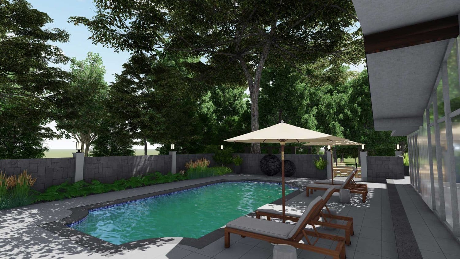 New Canaan yard with pool and lounge chairs with shade