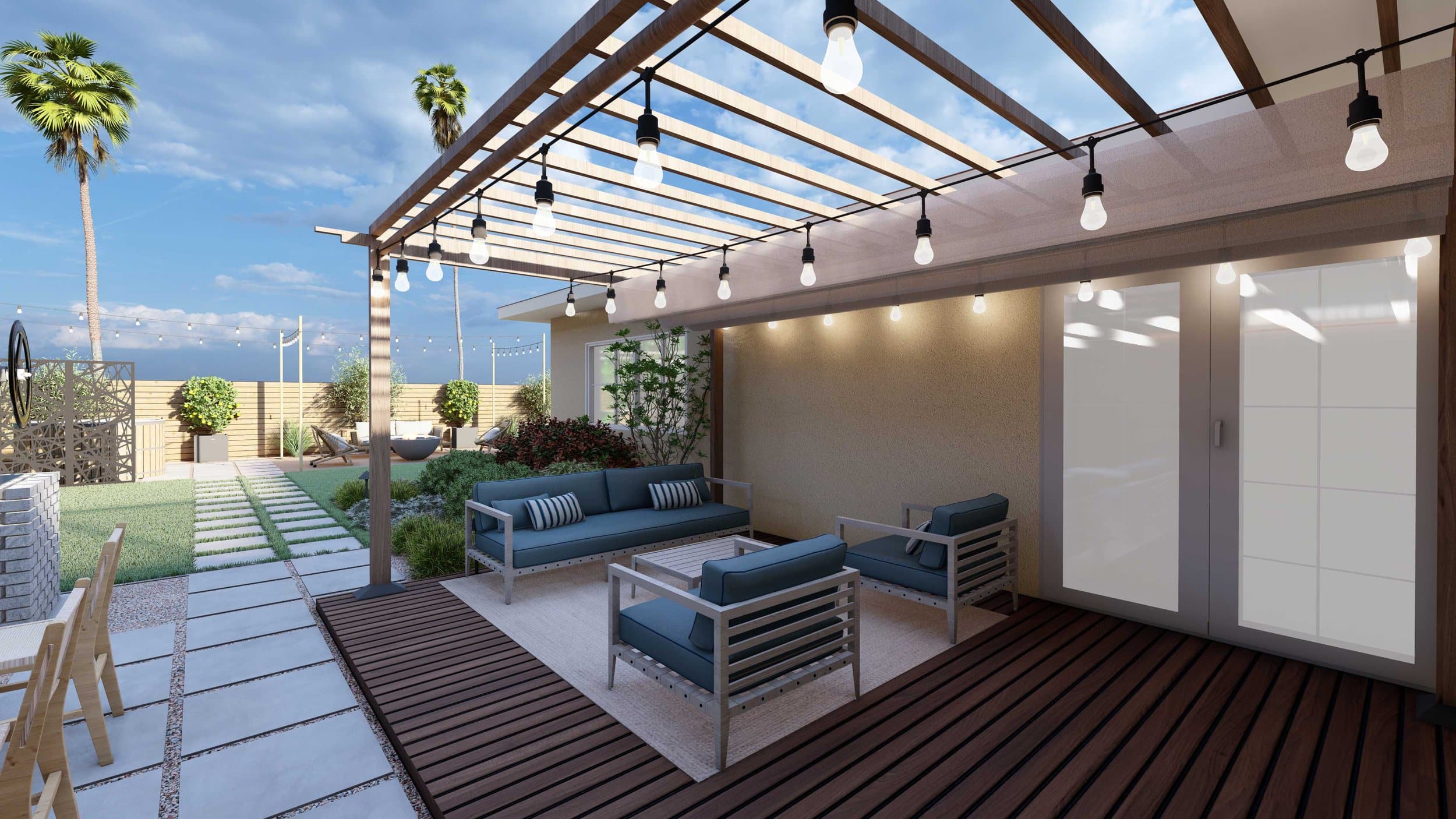 back patio with pergola above attached to home, string lights, and outdoor lounge seating
