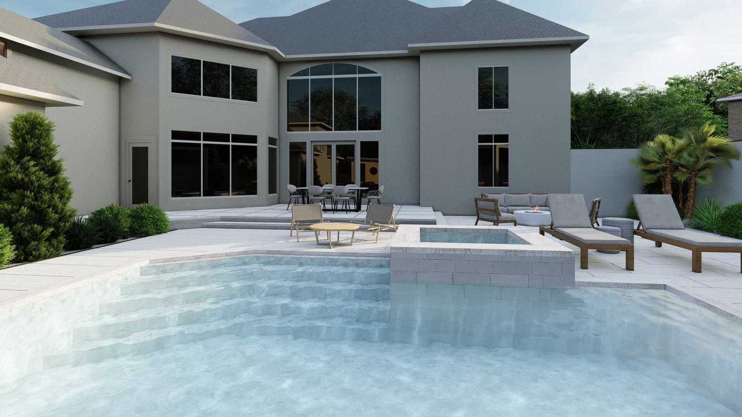 Charlotte front yard pool with concrete deck, and lounging and dining areas