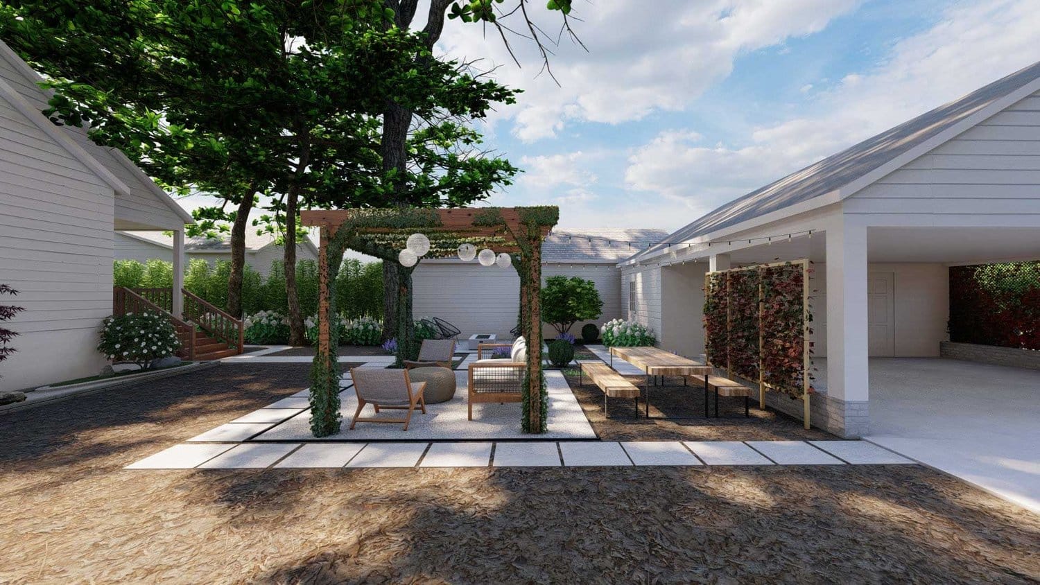 Charlotte side yard with pergola over concrete patio seating area and concrete paver pathway