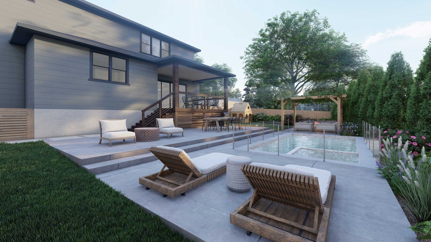 Charlotte concrete paver backyard pool area with furniture sets