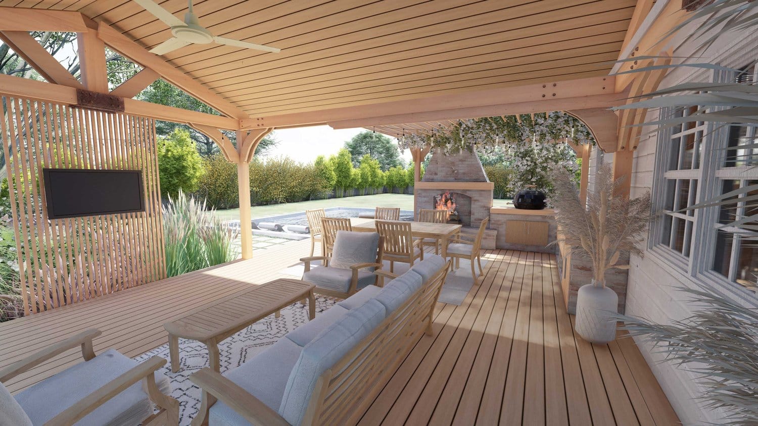 Charlotte patio with pergola over lounging and dining area, with an outdoor fire pit
