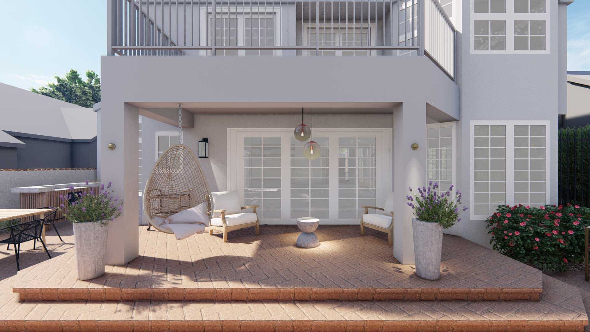 back deck with hanging chair, lounge chair, and container plants