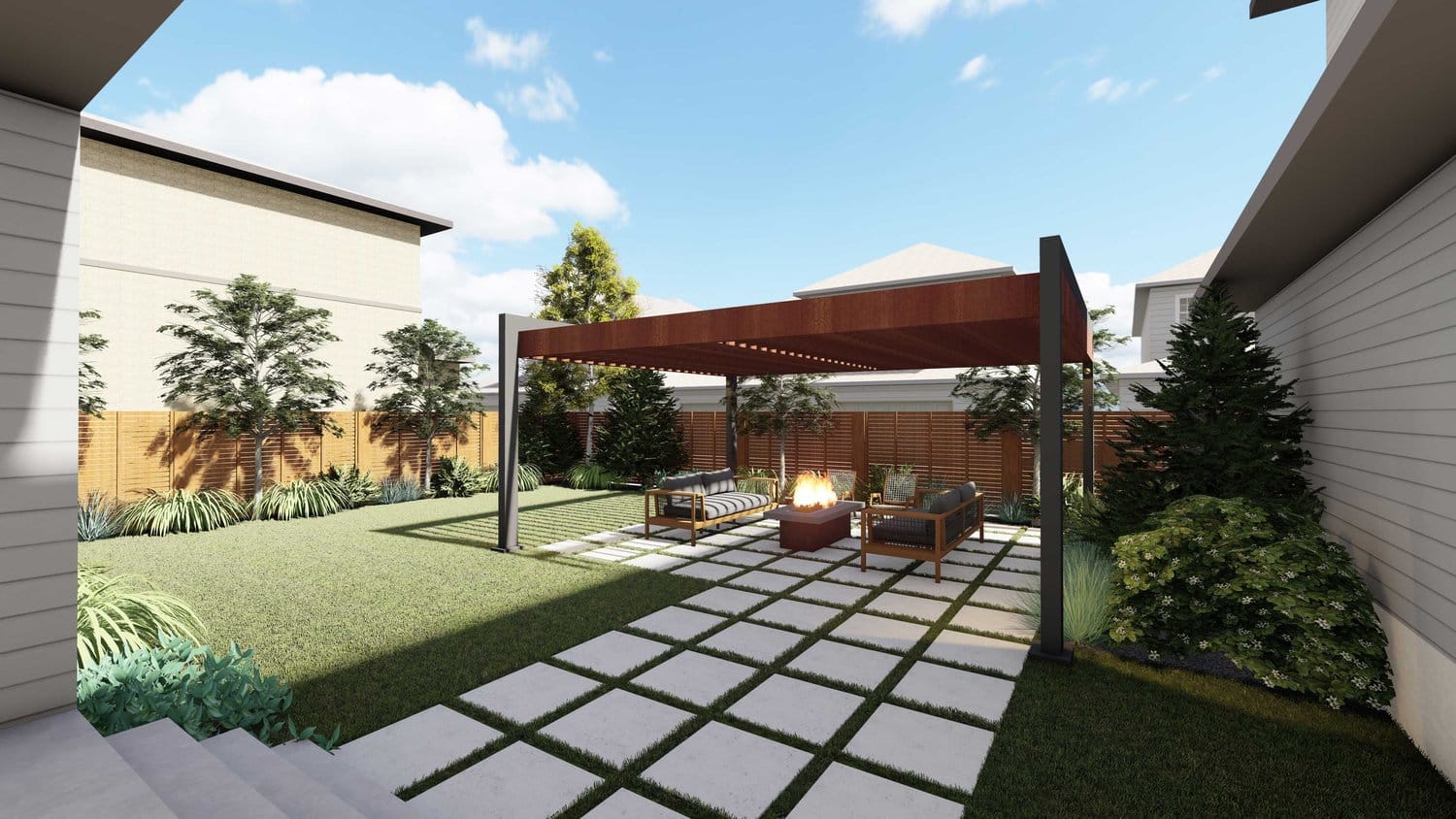Denver backyard with sitting area and a pergola with fire pit