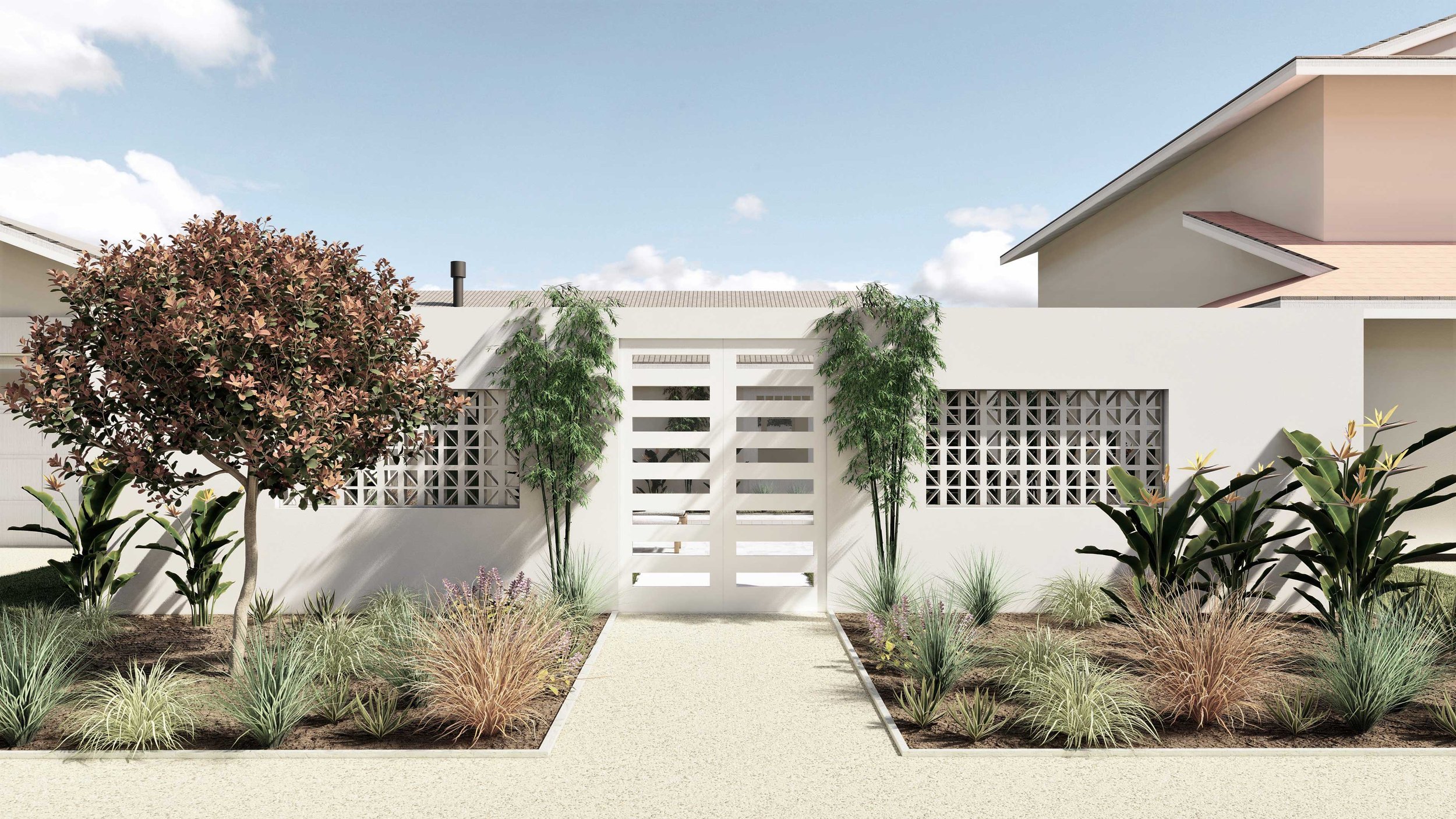 Gated front yard with drought tolerant plantings and gravel walkway