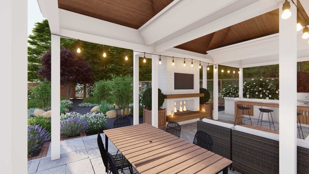 Greenwich outdoor dining area with hanging string lights