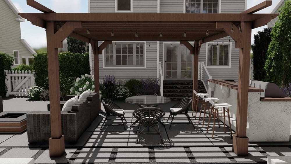 Pergola covered patio and outdoor kitchen in Greenwich