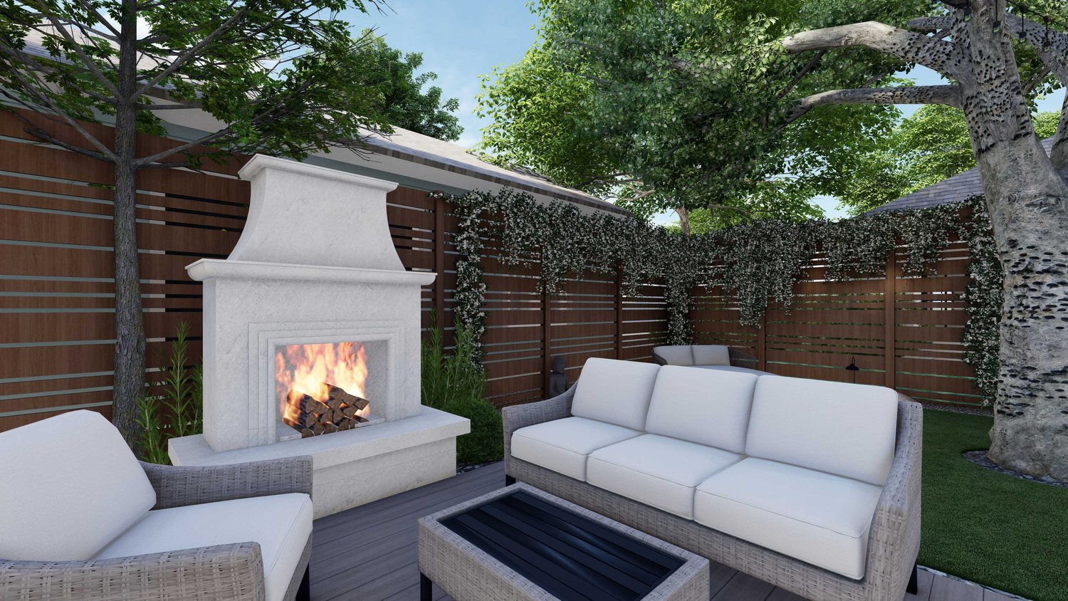 Houston backyard with sitting area and fire place