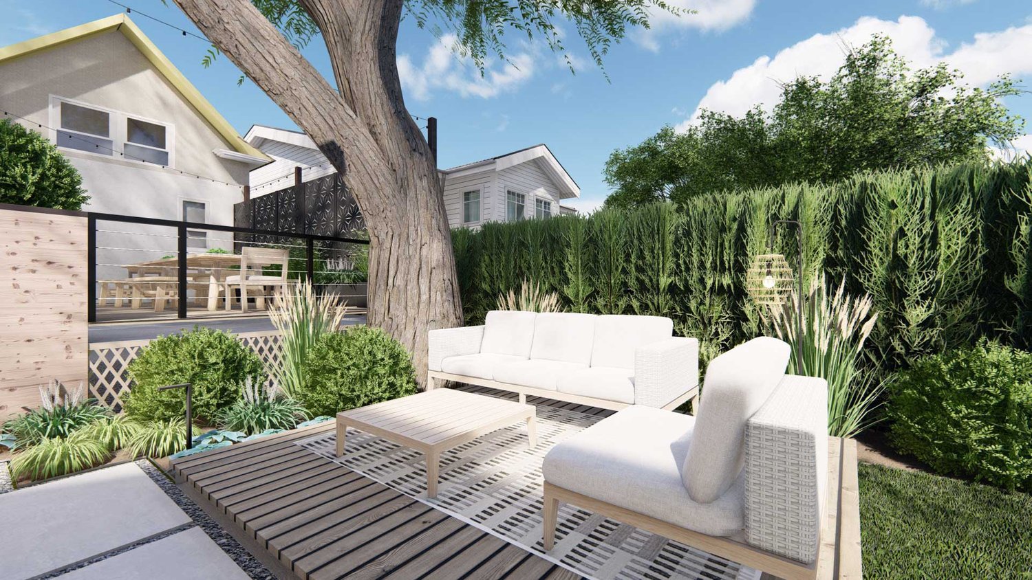 Joliet yard with patio, deck, a tree and hanging plants