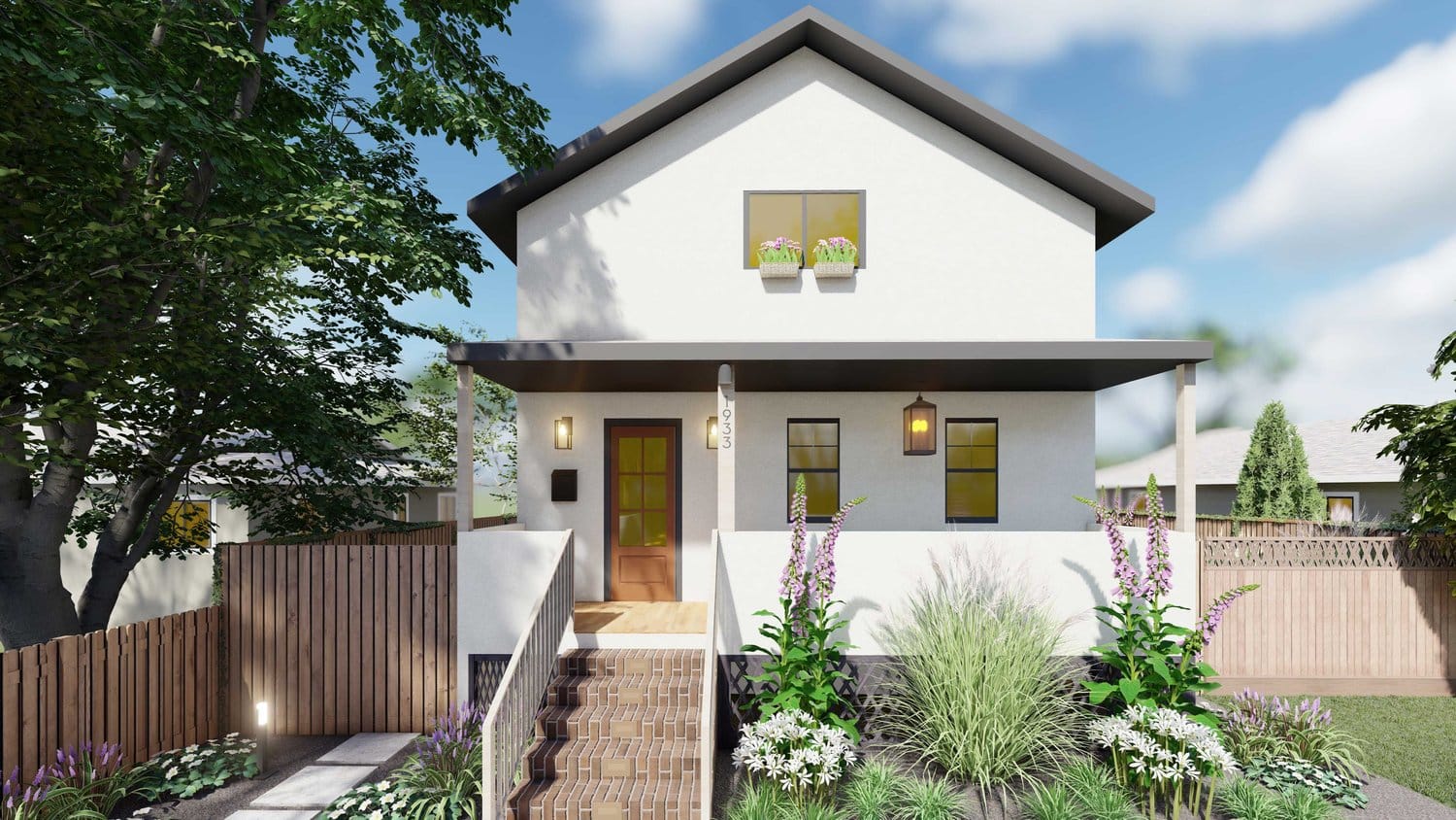 Joliet front yard with wooden steps, wooden fence and plants