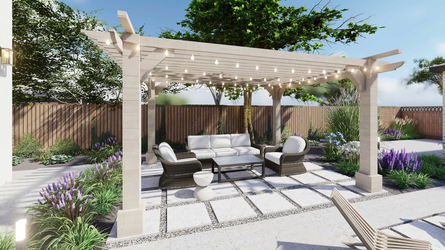 Joliet yard with patio and trellis and hanging lights