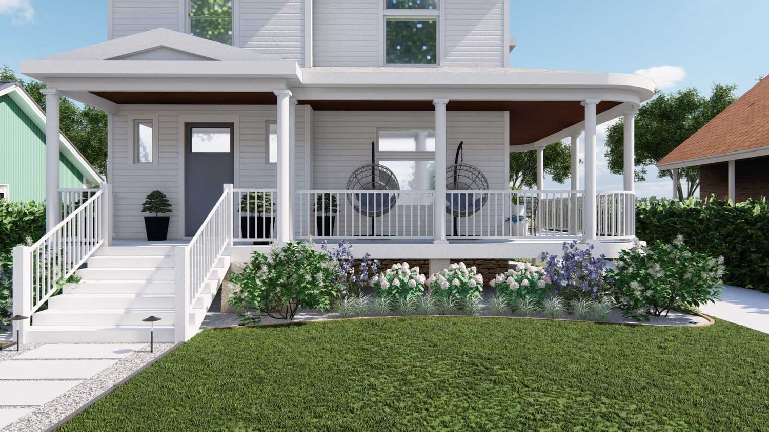 Joliet front yard showing lawn, flowers and hanging chairs on the porch