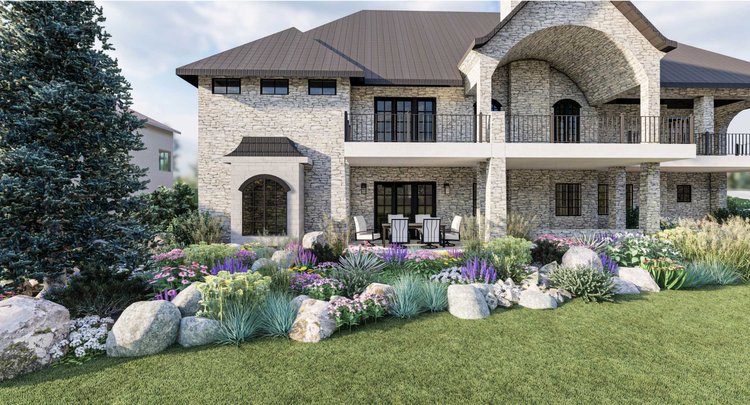 Lakewood front yard curb appeal with a seating area in the background