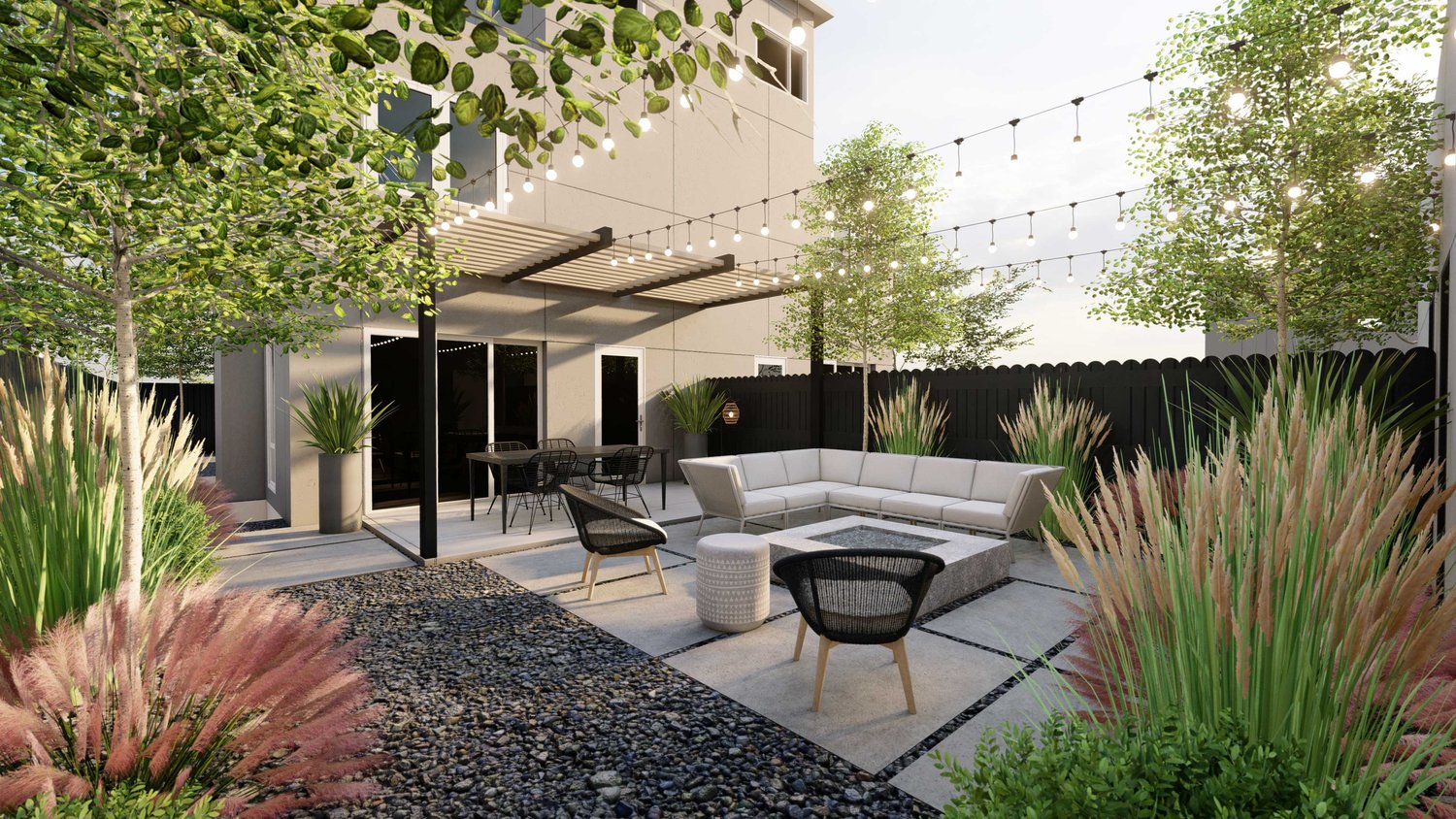 Lakewood backyard with flower and trees, alongside string lights over paver patio fire pit seating area, with a pergola over dining area