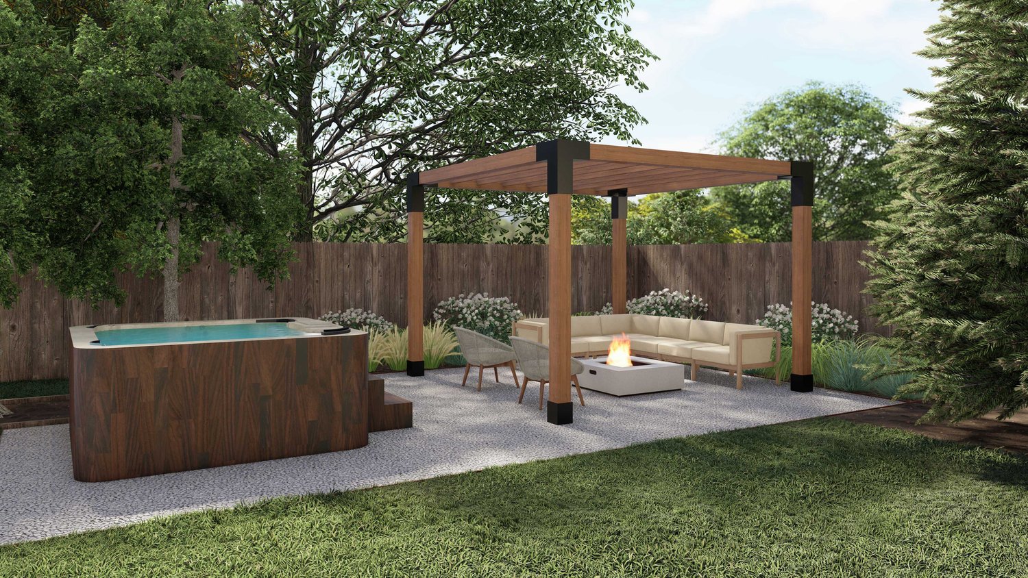 Lakewood backyard with lawn, and concrete patio with hot tub and pergola over fire pit seating area