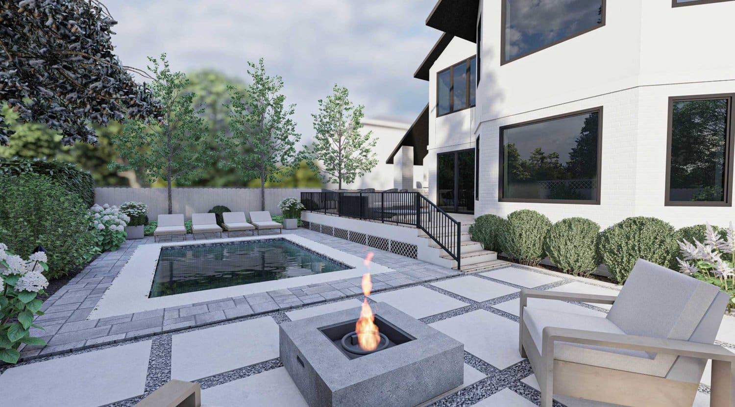 Lakewood back yard showing paver patio fire pit seating area, and swimming pool with swim bench on concrete paver deck