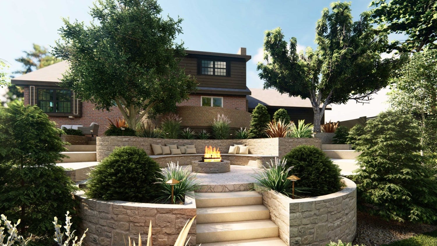 Milwaukee backyard fire pit seating area with steps, trees, shrubs, flowers, retaining wall