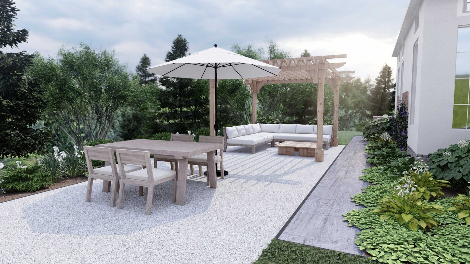 Milwaukee outdoor seating area with sunbrella and pergola