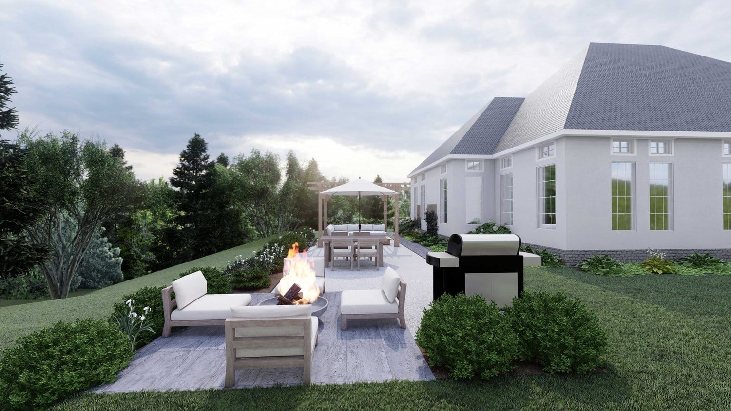 Milwaukee side yard seating area with outdoor kitchen, fire pit, pergola and sunbrella and plants