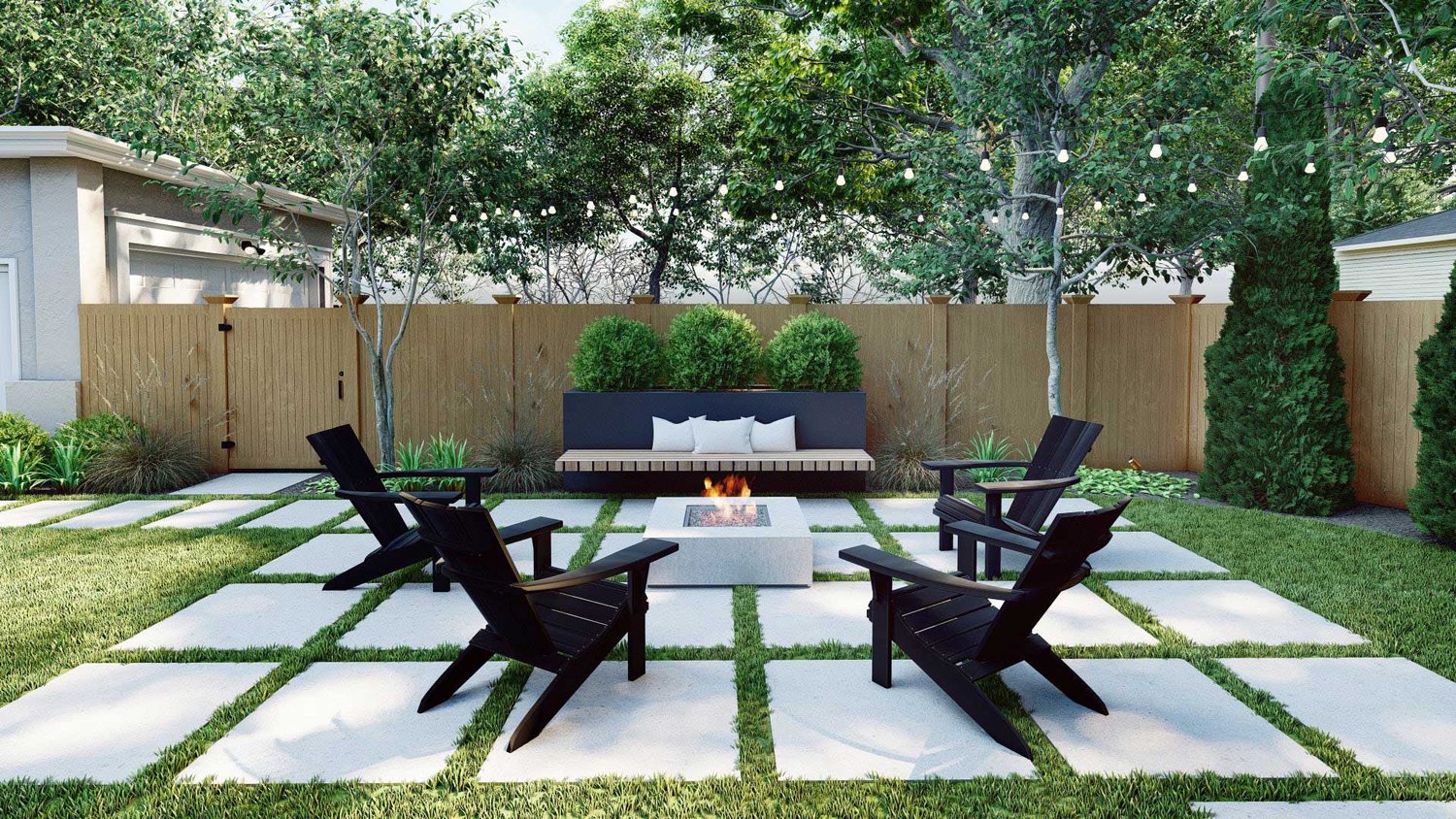 Milwaukee backyard fire pit seating area with path stones, grass, trees and shrubs