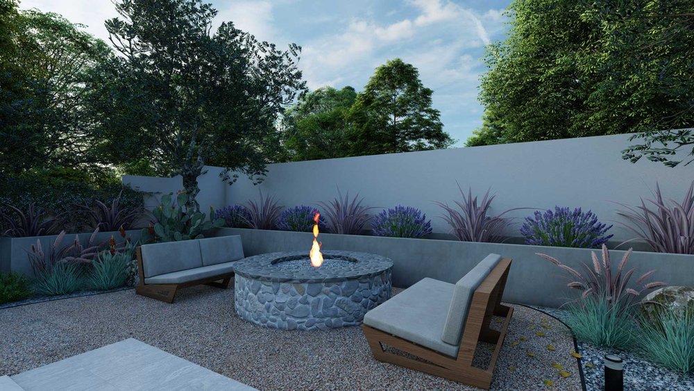 Las Vegas fire pit with plants and trees