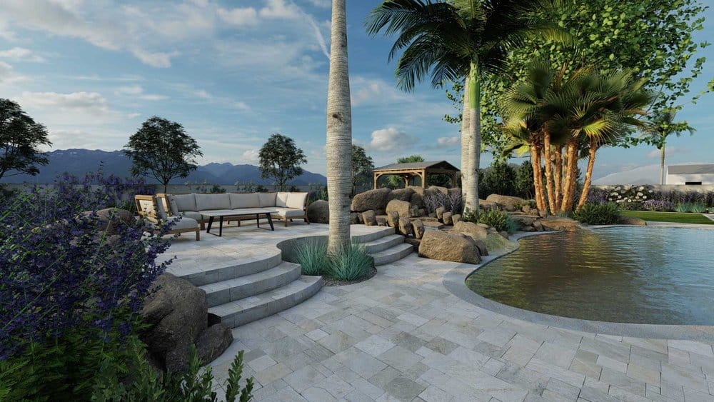 Las Vegas paved side yard showing rockscapes and pool