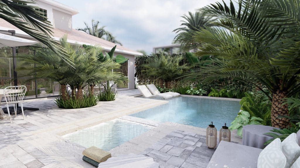 Yardzen render of a fully paved backyard with small pool, hot tub, and tropical palm plantings around the perimeter