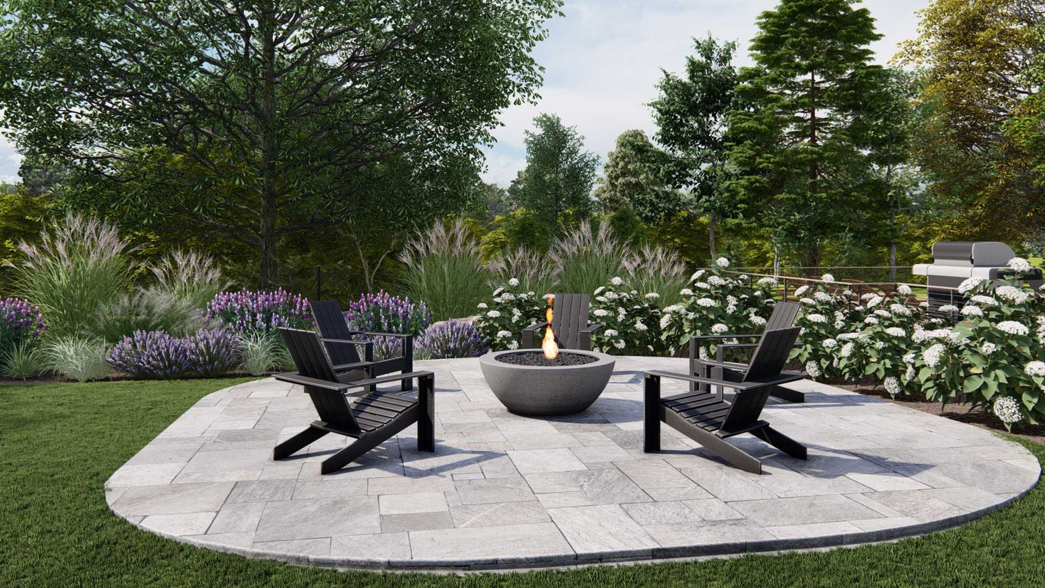 Long Island backyard garden with outdoor kitchen and concrete paver patio fire pit seating area with adirondack chairs