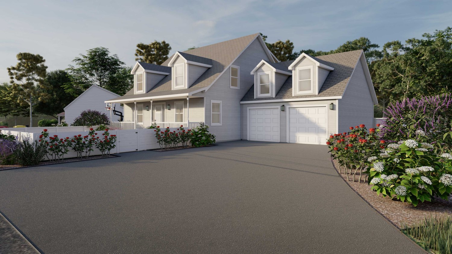 Long Island front yard with concrete driveway and garden sections