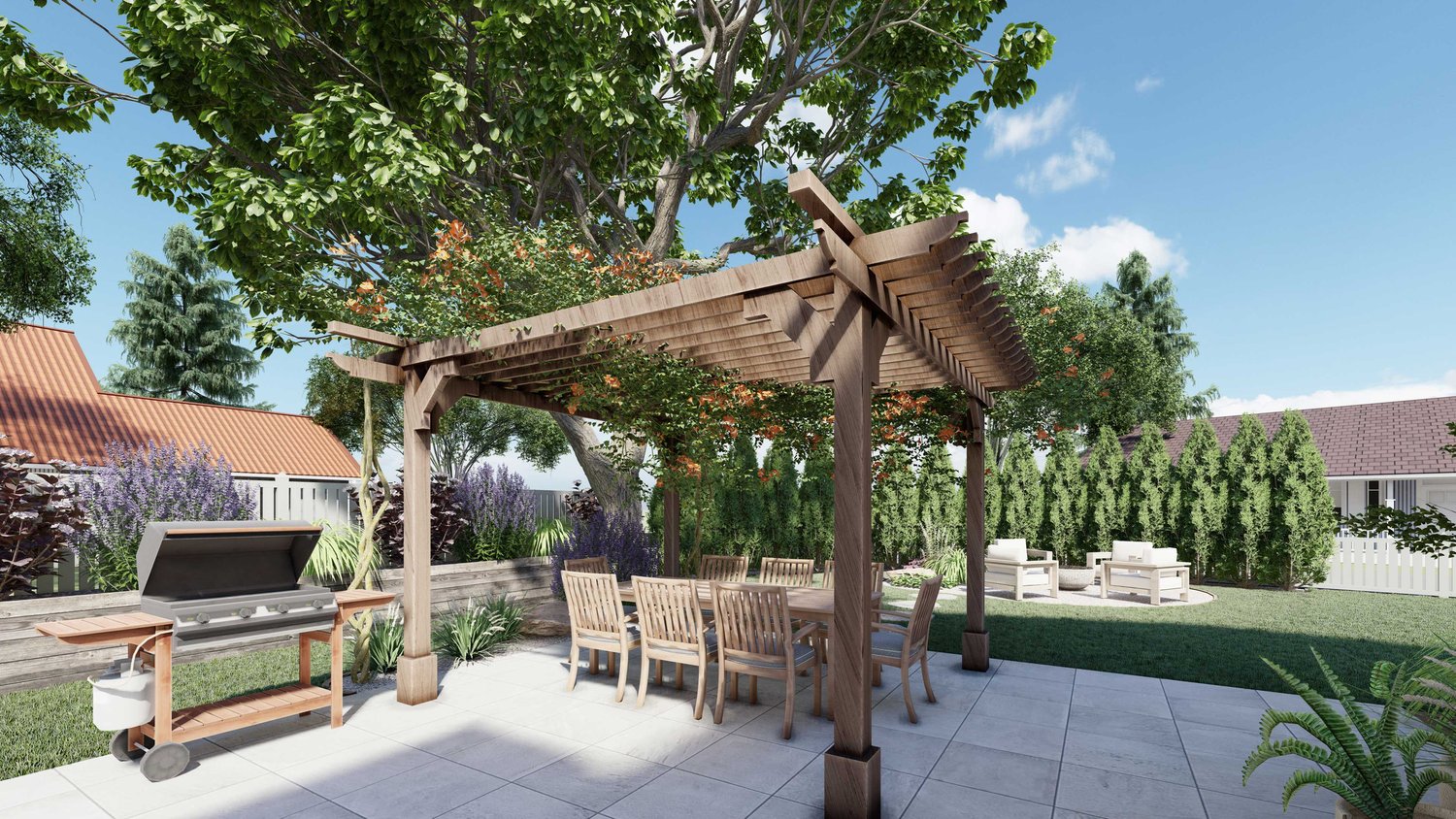 Long Island backyard showing concrete paver patio with outdoor kitchen and pergola above dining area, alongside trees and plant, with fire pit seating area on a lawn
