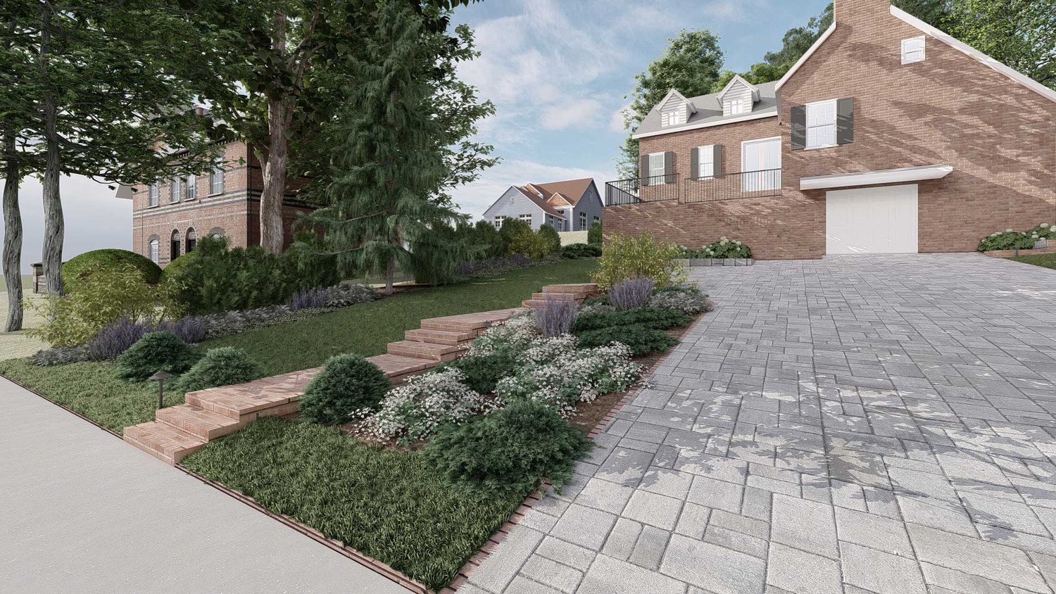 Long Island part front yard with concrete paver driveway and lawn with concrete paver stairway, trees and plants