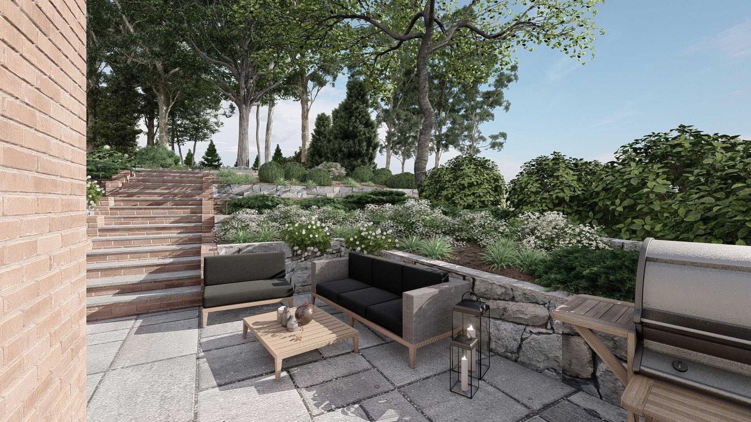 Long Island side yard with trees and plants in the background with concrete paver patio with seating area and outdoor kitchen, and concrete paver stairway