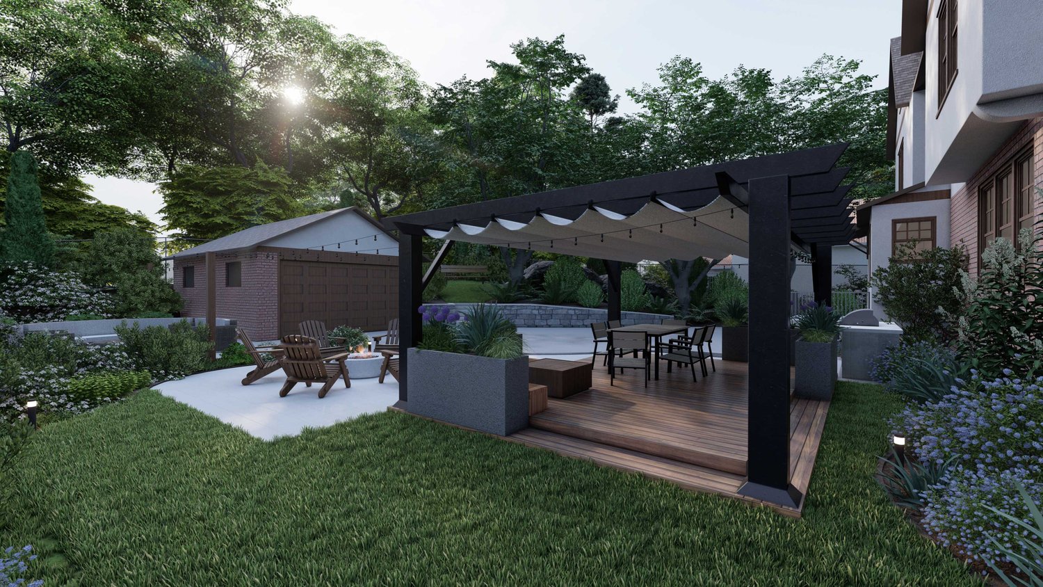 Long Island pergola with canopy over deck patio dining area and concrete fire pit seating area in a backyard