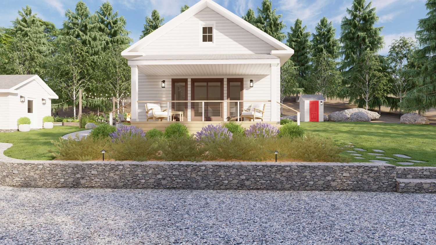Long Island front yard with gravel flooring, retaining wall, lawn and front porch seating area