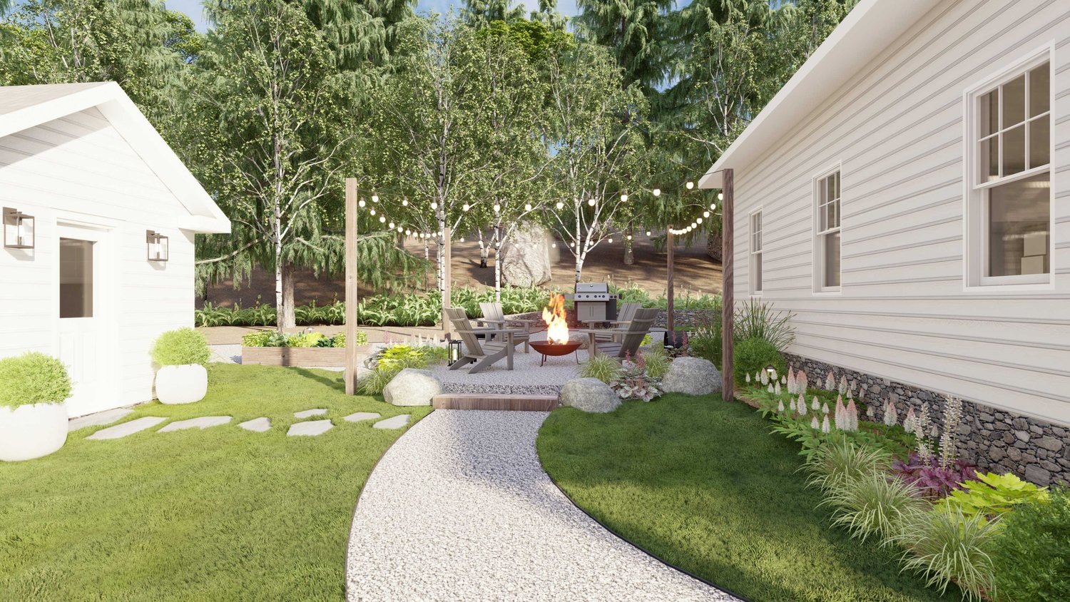 Long Island side yard with concrete patio fire pit seating area, outdoor kitchen, concrete walkway, flowers and paver stepping stones
