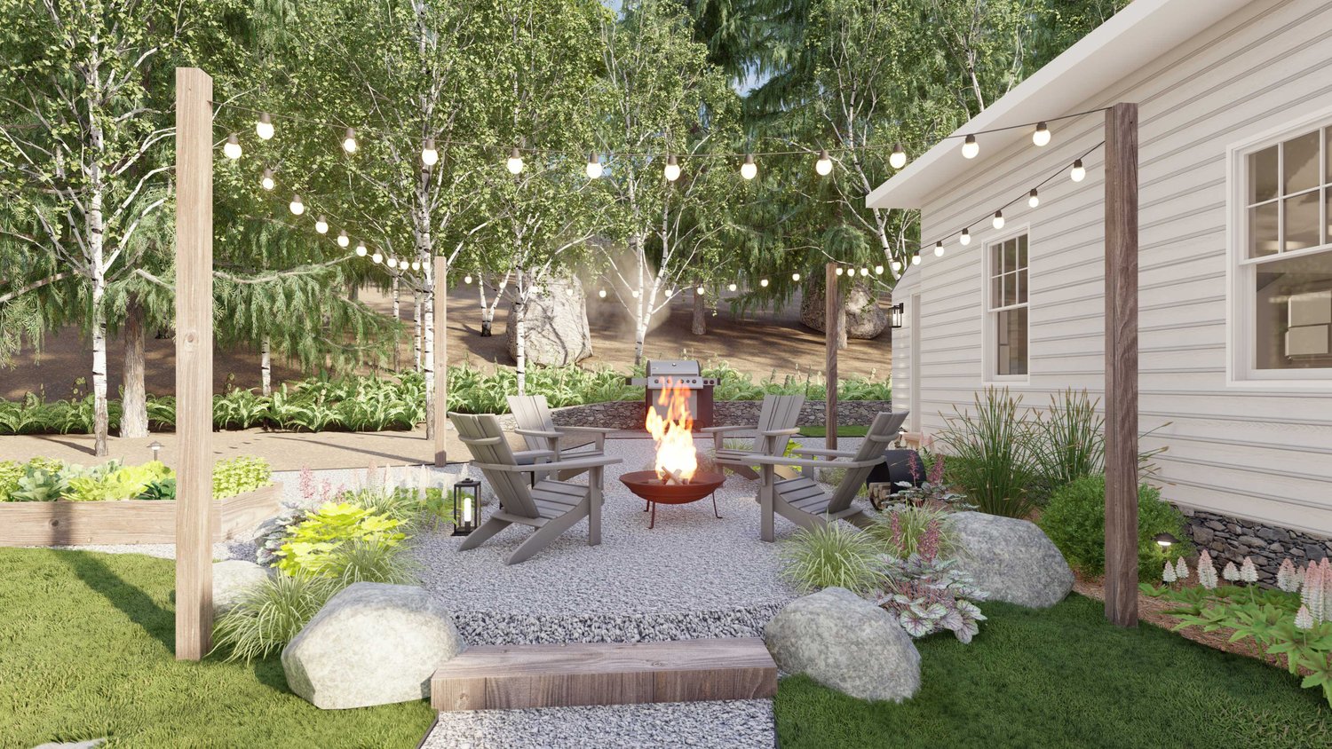 Long Island side yard with string lights over concrete patio fire pit seating area, outdoor kitchen, flower beds and trees