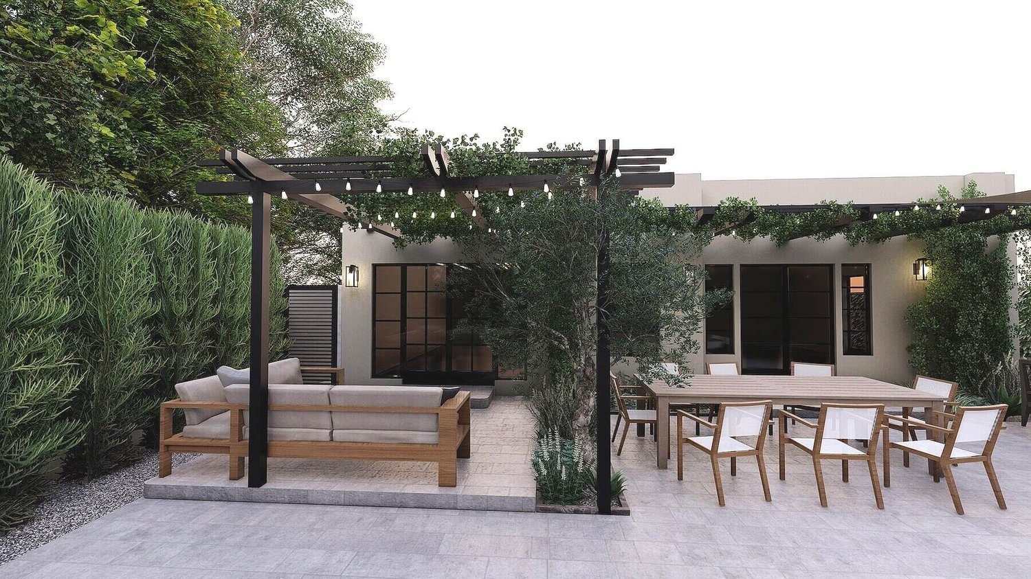 Los Angeles concrete paver backyard showing pergola with climbing plants over paver patio seating area, gravel, plants and dining area