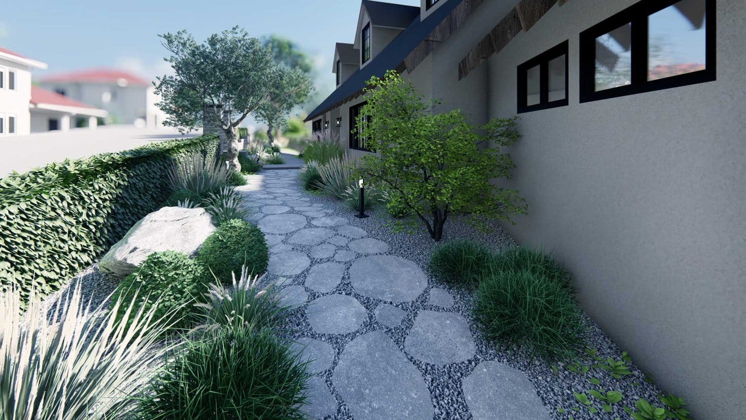 Los Angeles side yard with trees, drought tolerant grass in gravel, hedge fence and stone pathway
