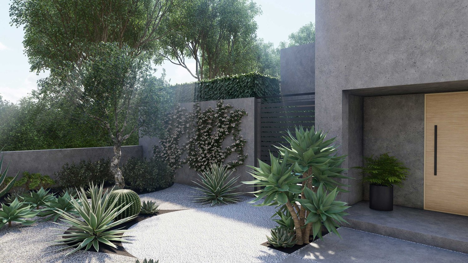 Los Angeles gravel front yard with drought tolerant plants, trees, wall plants, hedge fence and planter