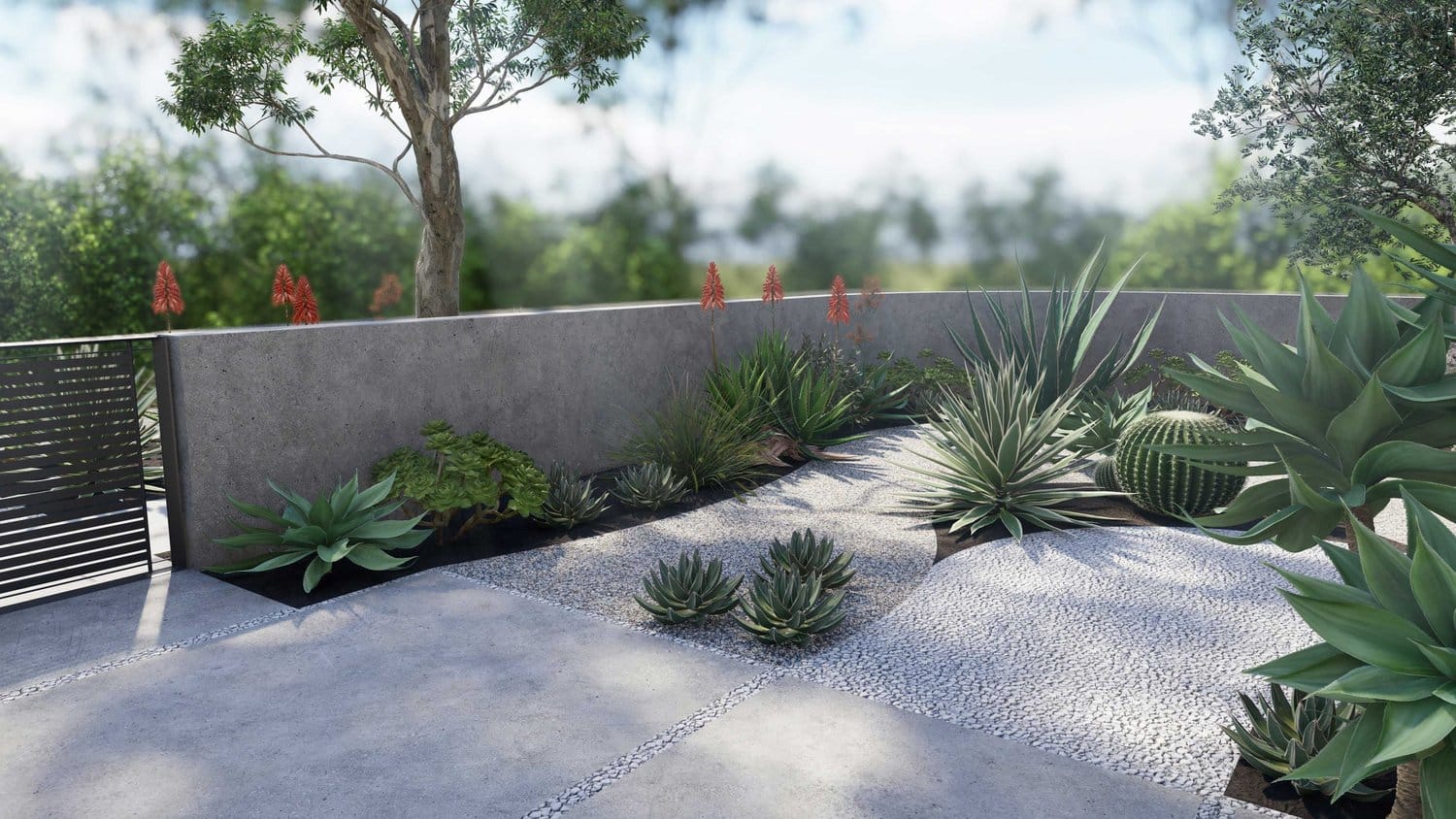 Los Angeles gravel and concrete backyard with drought tolerant plants and fence