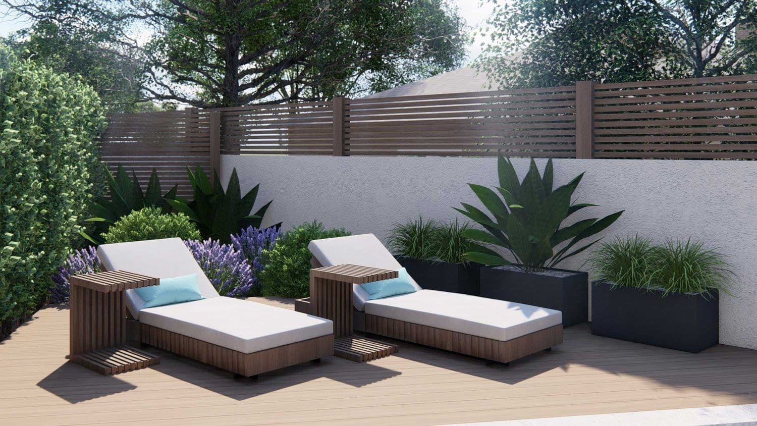 Los Angeles side yard with paver patio area alongside chaise lounge set, flowers, boxed plants and trees