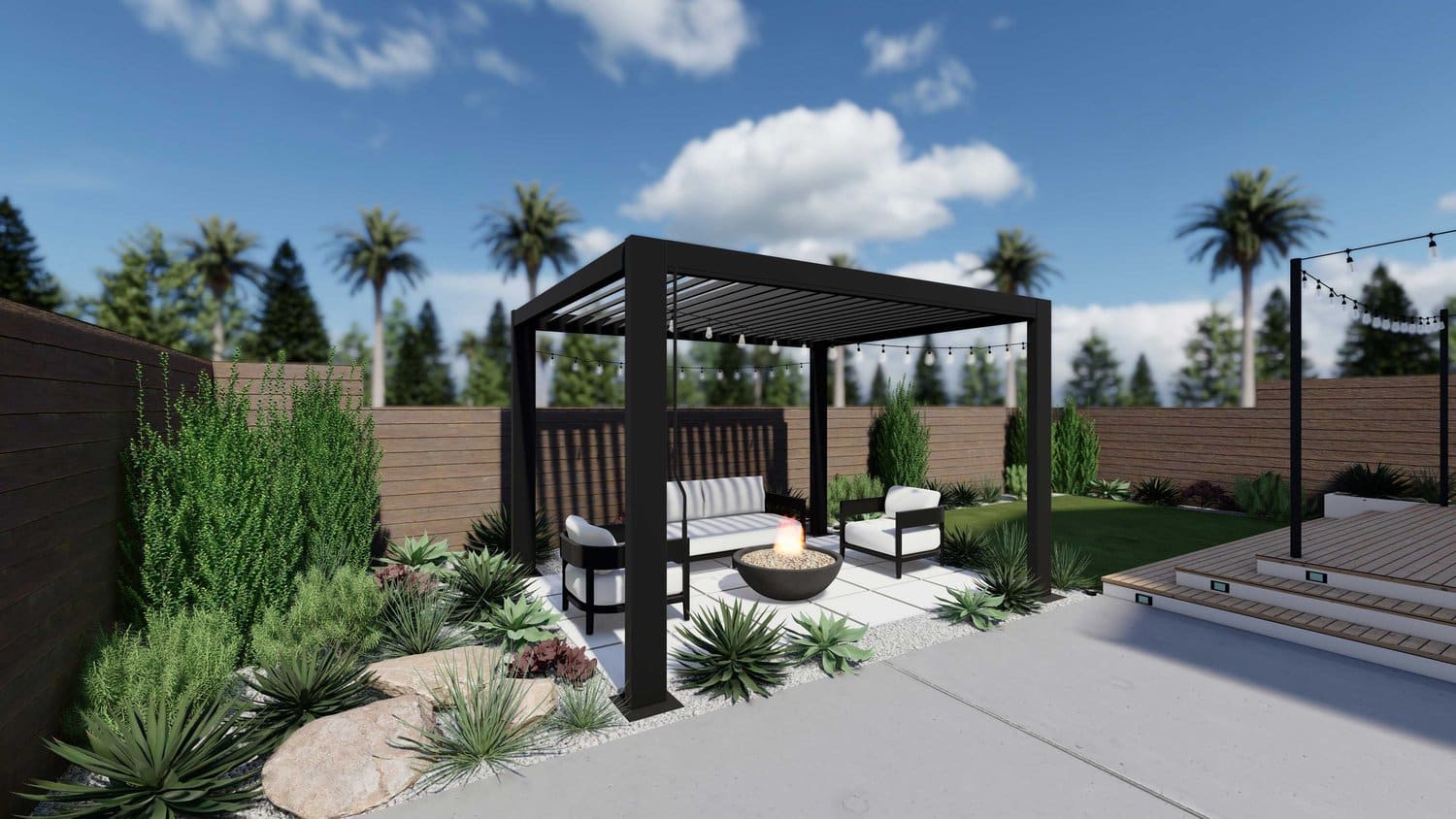 Los Angeles paver patio with pergola over fire pit seating area, drought tolerant plants, grass, gravel and deck