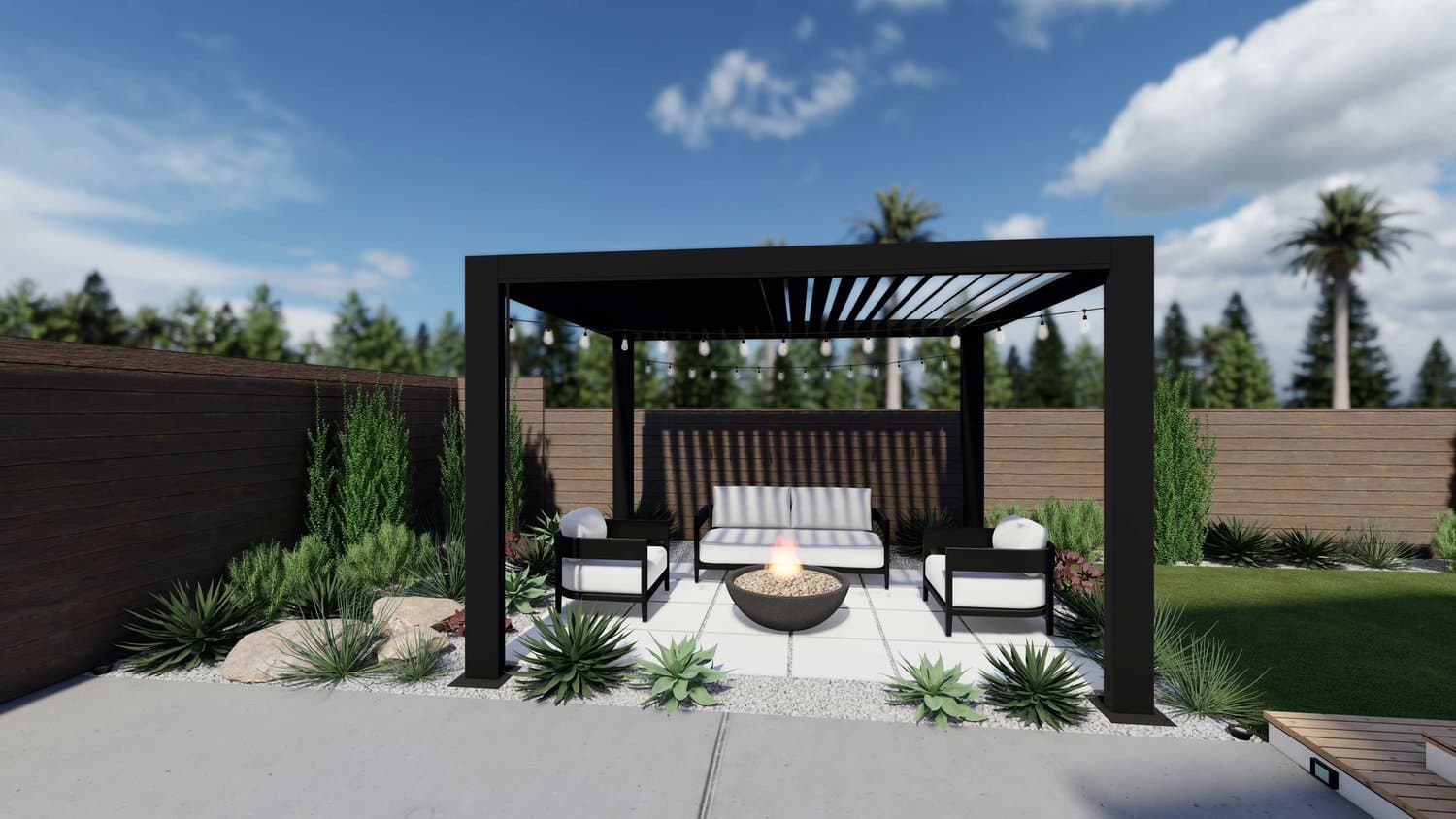 Los Angeles paver patio with pergola over fire pit seating area, alongside drought tolerant plants, grass, gravel, and boulder stone
