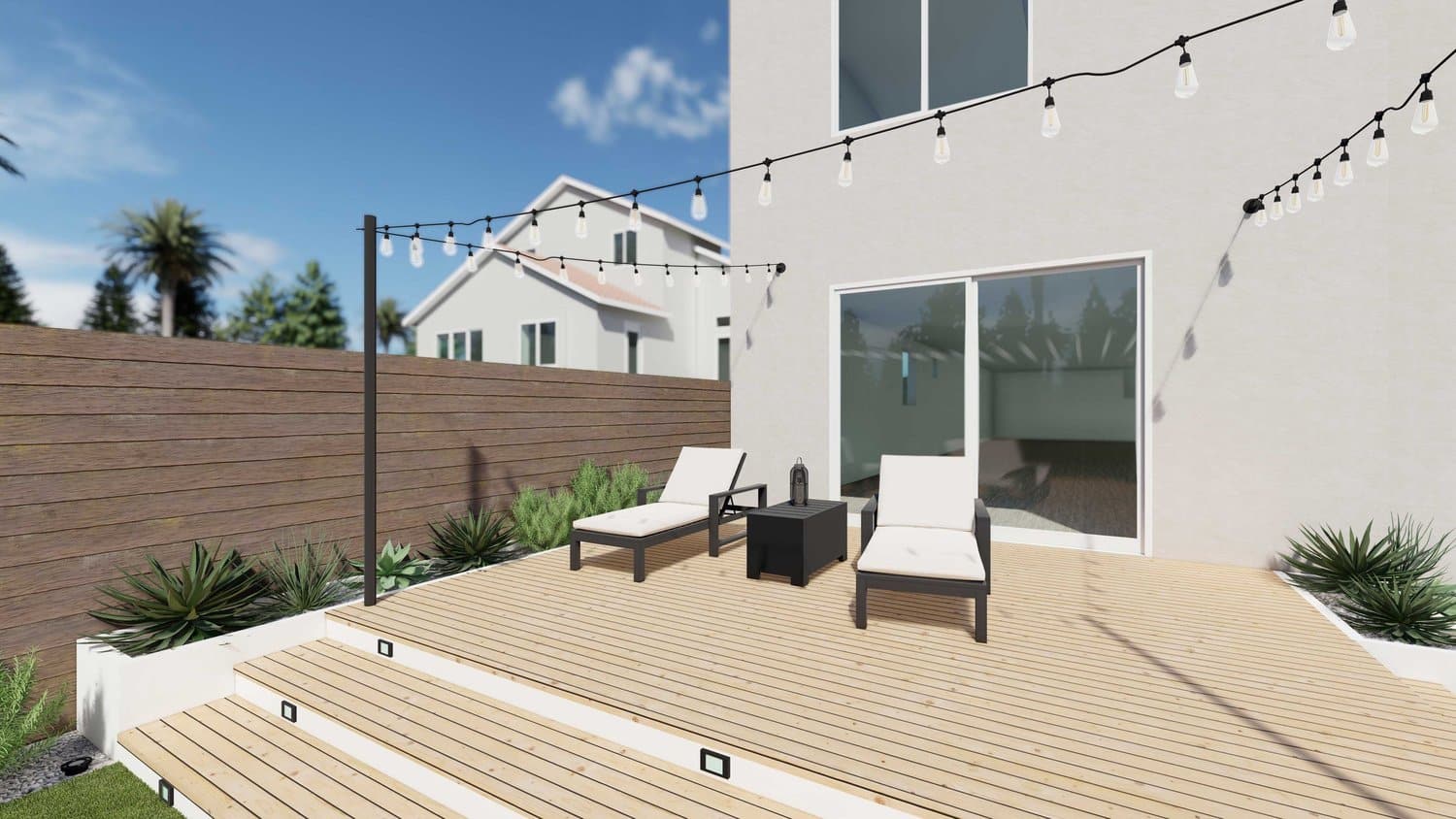 Los Angeles outdoor deck and patio area with lounge sets and string lights, alongside boxed plants and fence